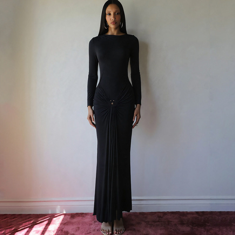Elegant Long Sleeve Solid Color Maxi Dress with Decorative Ring and Tie Detail for Women Autumn Collection Wholesale Available