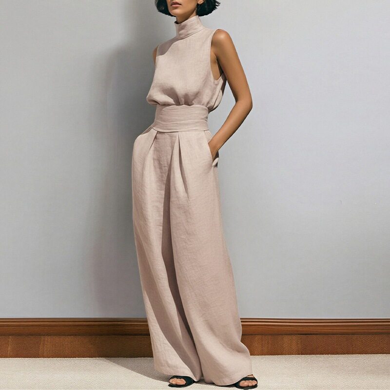 Womens Spring Outfit Set Elegant Solid Color High Neck Sleeveless Straight Leg Pants Perfect for Casual or