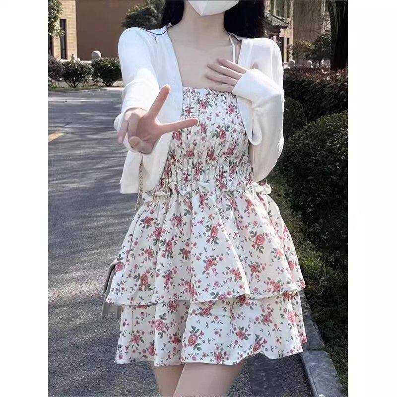 Suit for Women 2025 New Summer Style Sweet Waist Floral Suspender Dress A-Line Skirt Cardigan Top Two-Piece Set