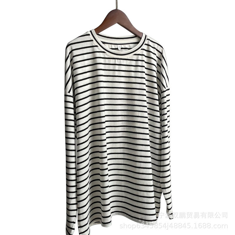 Womens Striped Loose Fit Cotton T Shirt Casual Long Sleeve Round Neck Side Slit Spring Summer Fashion Wholesale