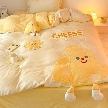 Class A milk velvet four-piece set winter coral velvet children's cartoon bed hat warm bed sheets bedding three-piece set