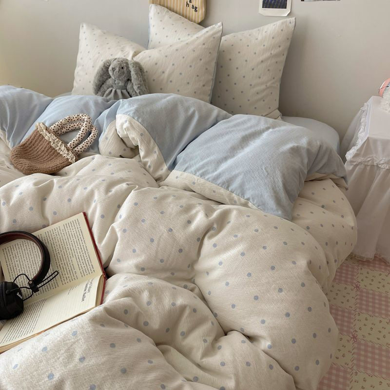 Milk Blue Polka Dot Type a Cloud-Like Double-Layer Yarn Bedding Four-Piece Set Quilt Cover Bed Sheetss Student Dormitory Three-Piece Set