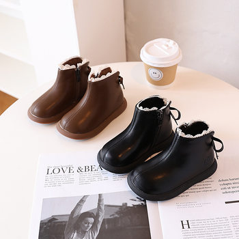 2024 girls' leather boots 2024 autumn and winter new fleece-lined warm cotton boots children's baby short boots children's single boots