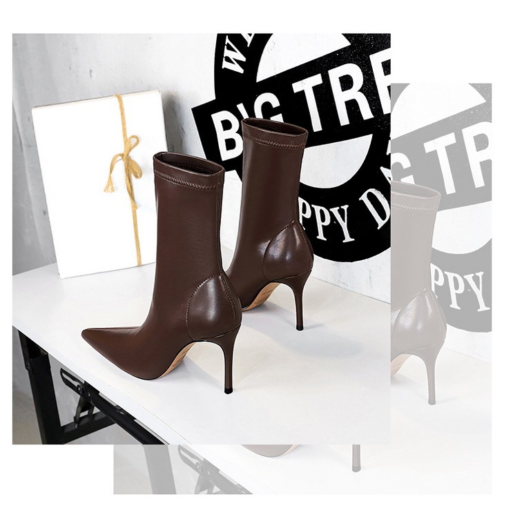 Boot nữ cổ thấp mũi nhọn gót nhọn cao 7.5cm phong cách thanh lịch — Màu đen lót một lớp, Màu đen lót nhung, Màu Kaki lót nhung, Màu Kaki một lớp lót trong