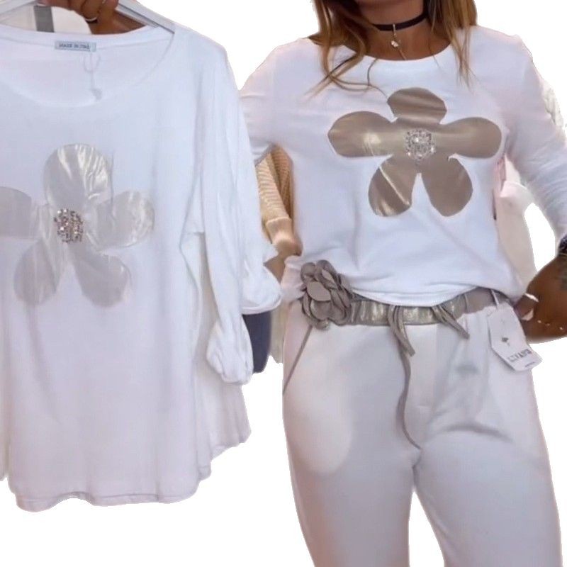 Womens White Long Sleeve T Shirt Floral Pattern Loose Fit European Design Casual Wear for Spring and Summer