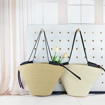 Simple One-Shoulder Large-Capacity Cotton Bag Cotton Rope Woven Women's Commuter Bag Tote Bag Vacation Beach Bag Portable