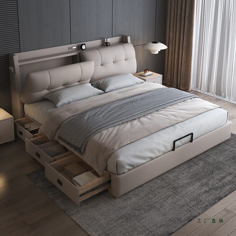 Leather Bed Modern Minimalist Master Bedroom with Drawers 1.8m Double Bed Multi-Functional Storage Wedding Bed Soft Leather Bed