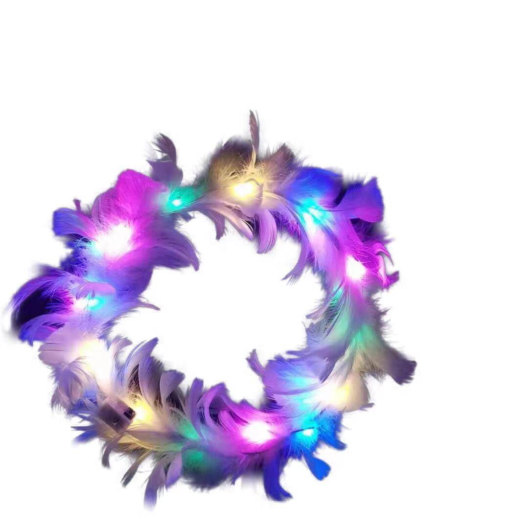 跨境热卖14灯毛毛兔耳朵发光发箍地推金丝羽毛猫耳朵发光头箍玩具