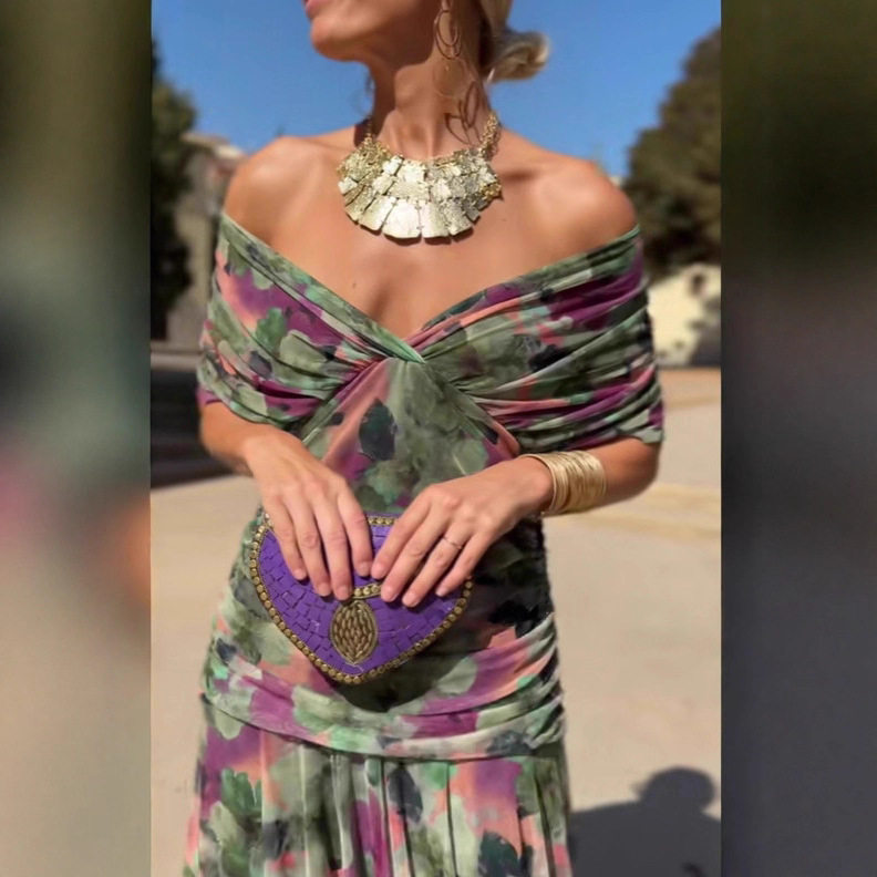 2025欧美风ins跨境女装独立站爆款雪纺印花新款露肩裹胸连衣裙女