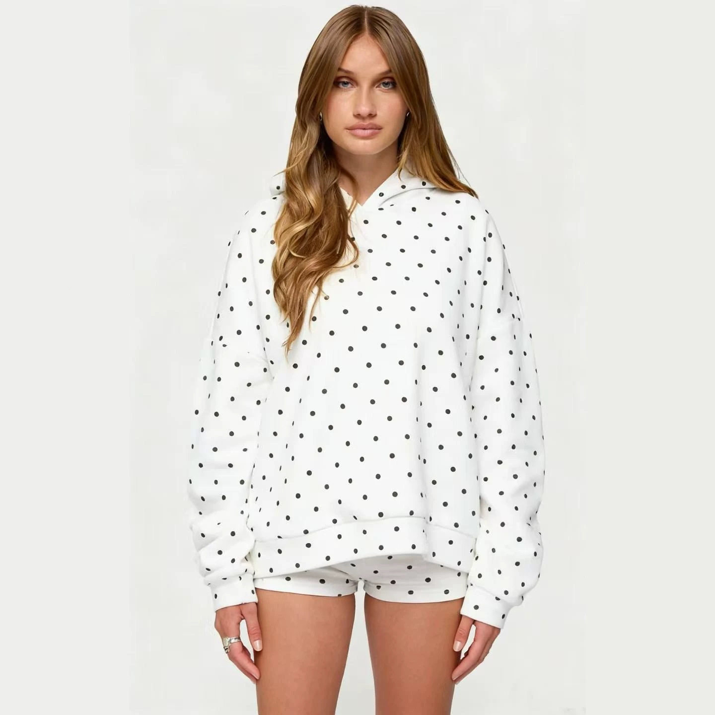 Polka Dot Hoodie and Shorts Set Stylish Casual Comfortable Fabric Perfect for Sports and Leisure Wholesale Available