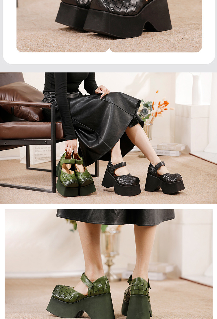 Sandal nữ quai ngang đế dày mũi vuông bằng da bò thật — màu đen, Xanh lá cây
