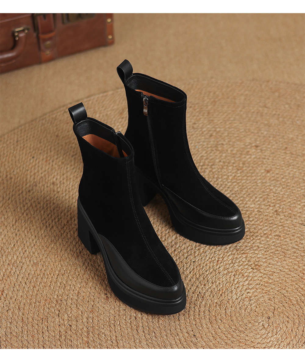 Boot nữ mũi nhọn phối da, cổ ngắn ôm chân, đế dày gót cao — Lớp lót đơn màu đen, Lót nhung đen