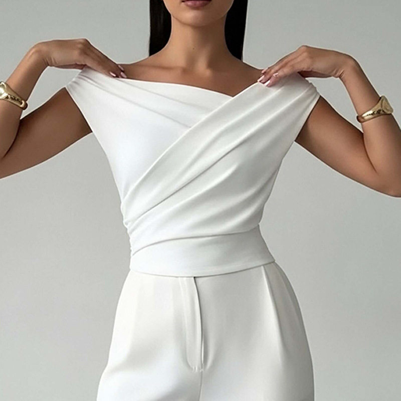 Womens Spring Short Top Fashionable Solid Color Asymmetrical Neckline Ruffled Design Casual Wear Wholesale