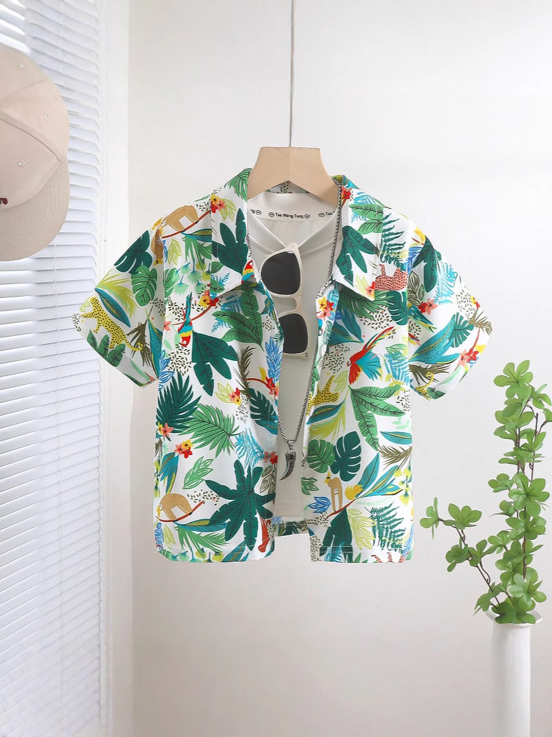 New Summer Children's Short-Sleeve Floral Shirt, Hot-Selling Boys' Stylish Casual Top, Beach Style Blouse