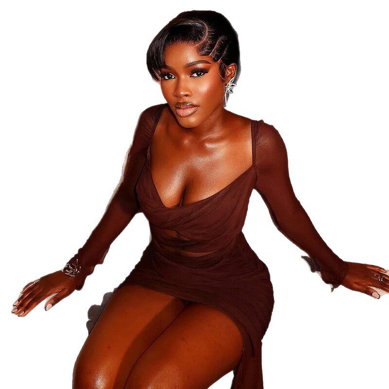 Sexy Hollow Out Bodycon Dress Long Sleeve U Neck Solid Color Fashionable for Parties and Events Wholesale Available