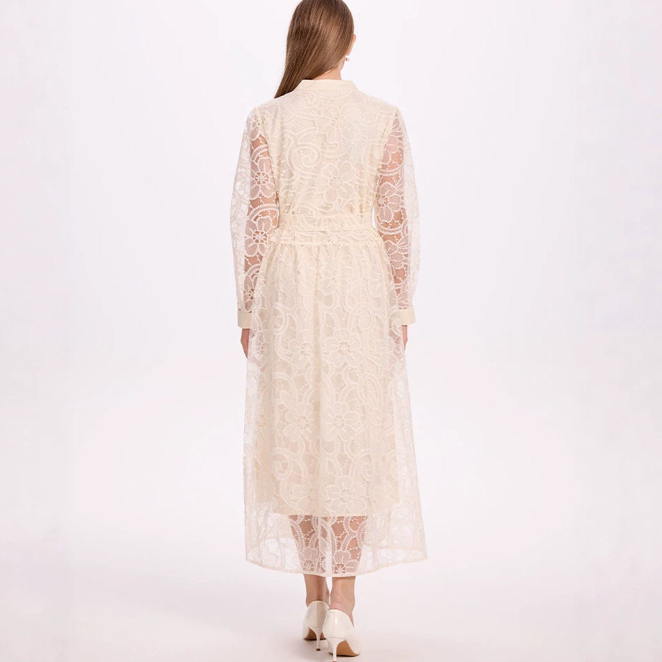 Elegant French Style Long Dress for Women Autumn Waist Tie Embroidered Sheer Mesh Button Closure Perfect for