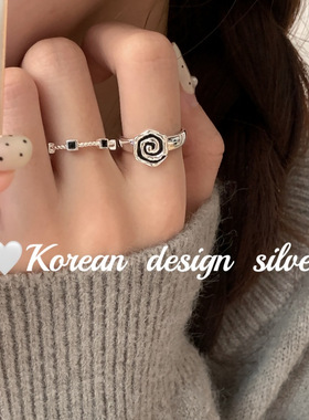 韩国东大门极简设计S925纯银 方块黑钻戒指/简约旋涡戒指叠戴级