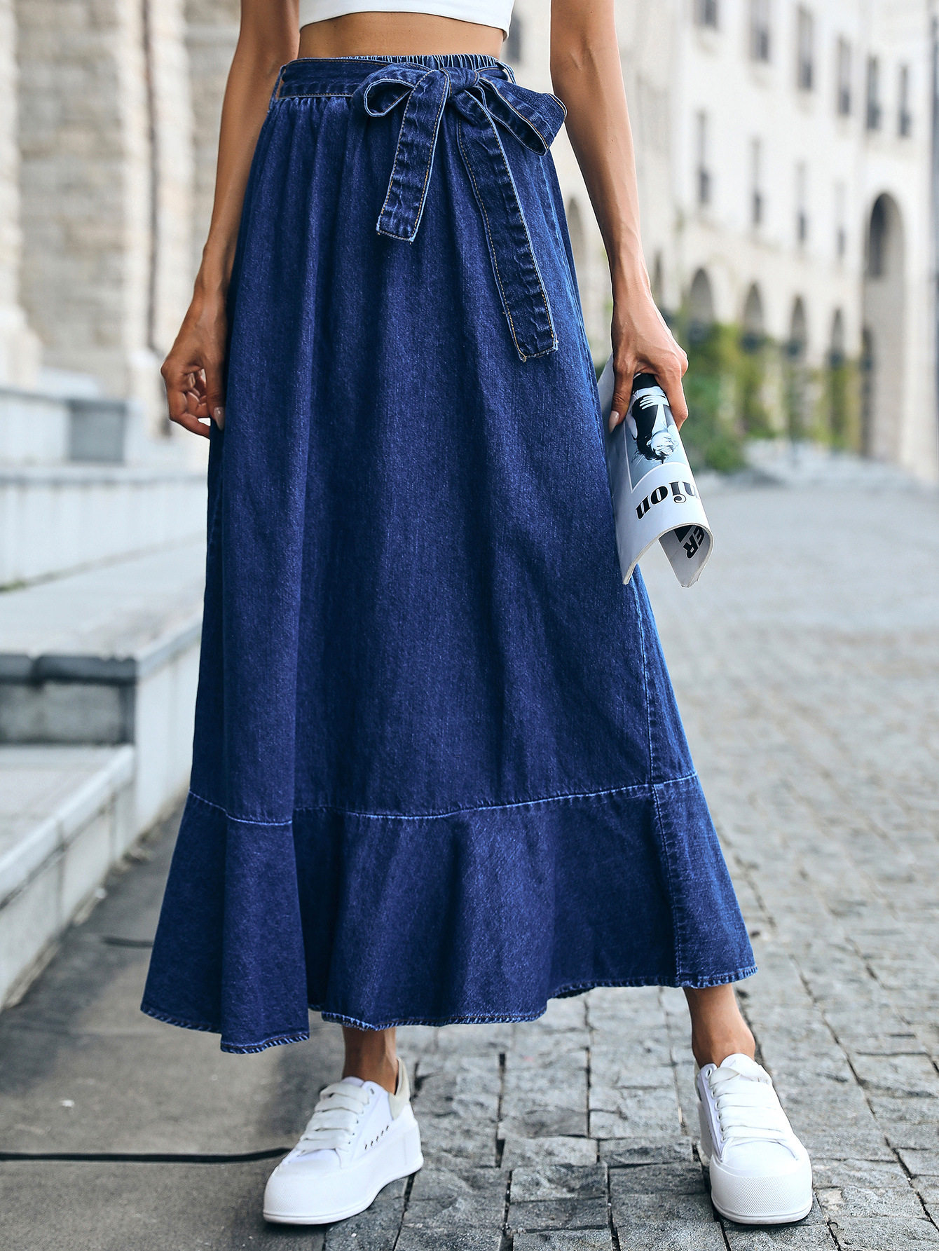High Waisted Denim Skirt Mid Length Ruffled Hem Pleated Design Casual Wear for Women Wholesale Available