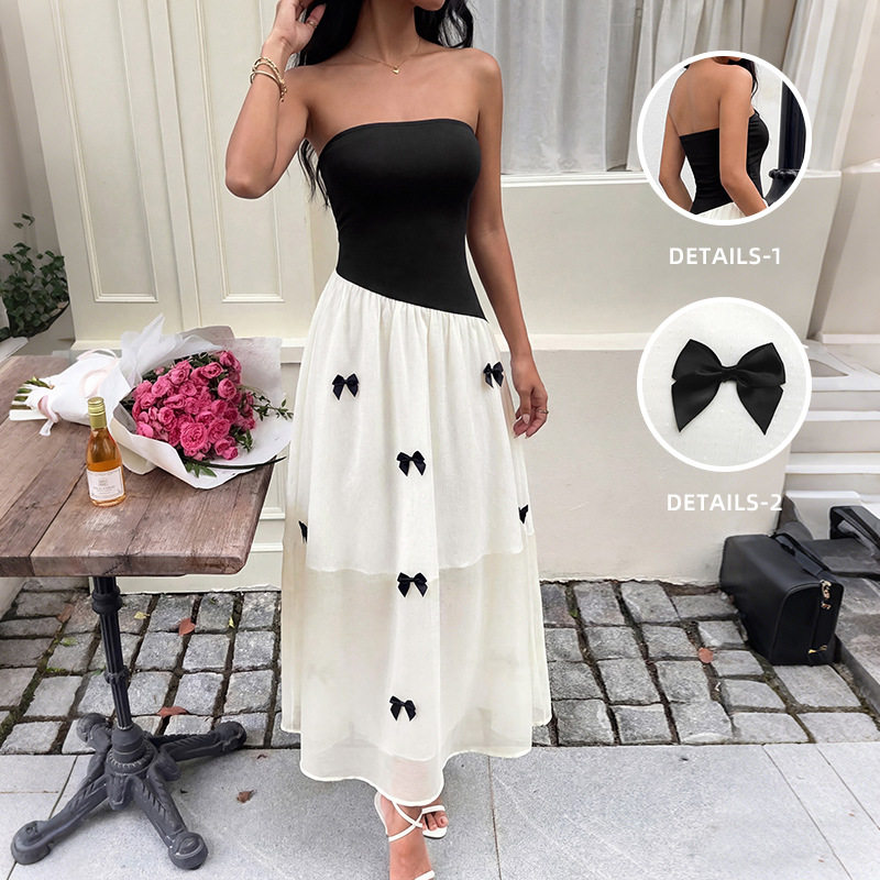 French Style Black and White Color Block Strapless Dress with Bow Detail Sweet and Chic Design for Parties Wholesale