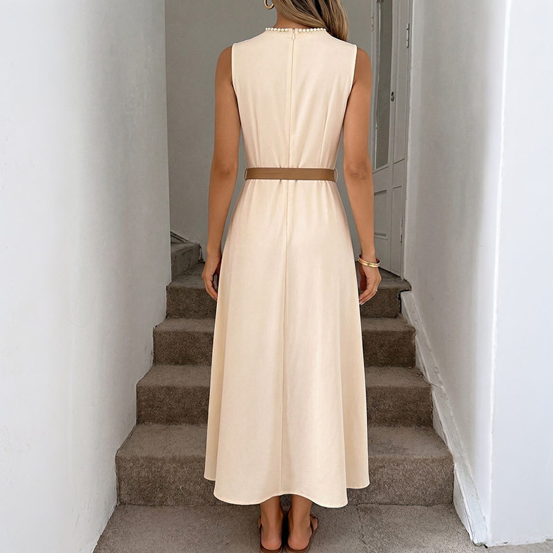 Elegant Sleeveless Dress Beaded Round Neck Waist Defined Minimalist Style Perfect for Summer Events Wholesale