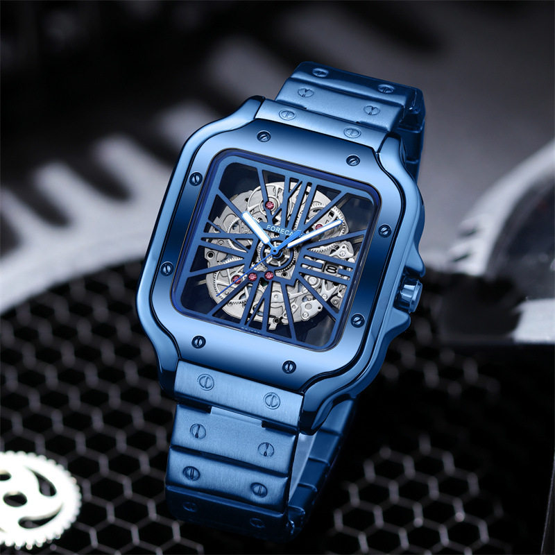 Men's Fashionable Waterproof Quartz Watch Tiktok Live Broadcast Light Luxury Hollow Non-Mechanical Square Steel Band Watch Large Dial