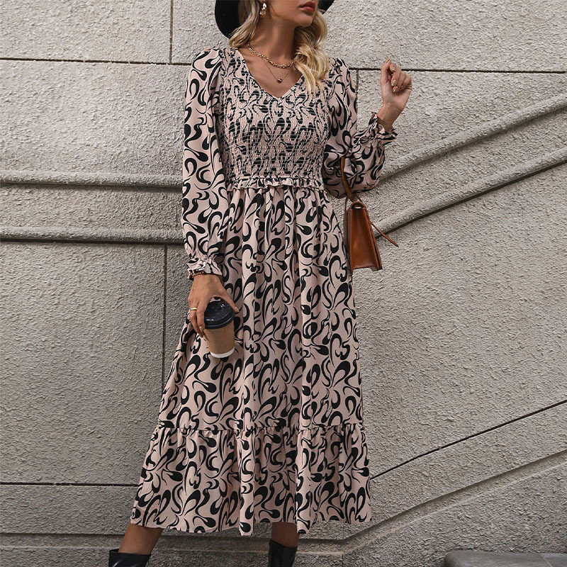 Vintage Inspired Long Sleeve V Neck Dress Abstract Print Casual Vacation Ready Wholesale Availability