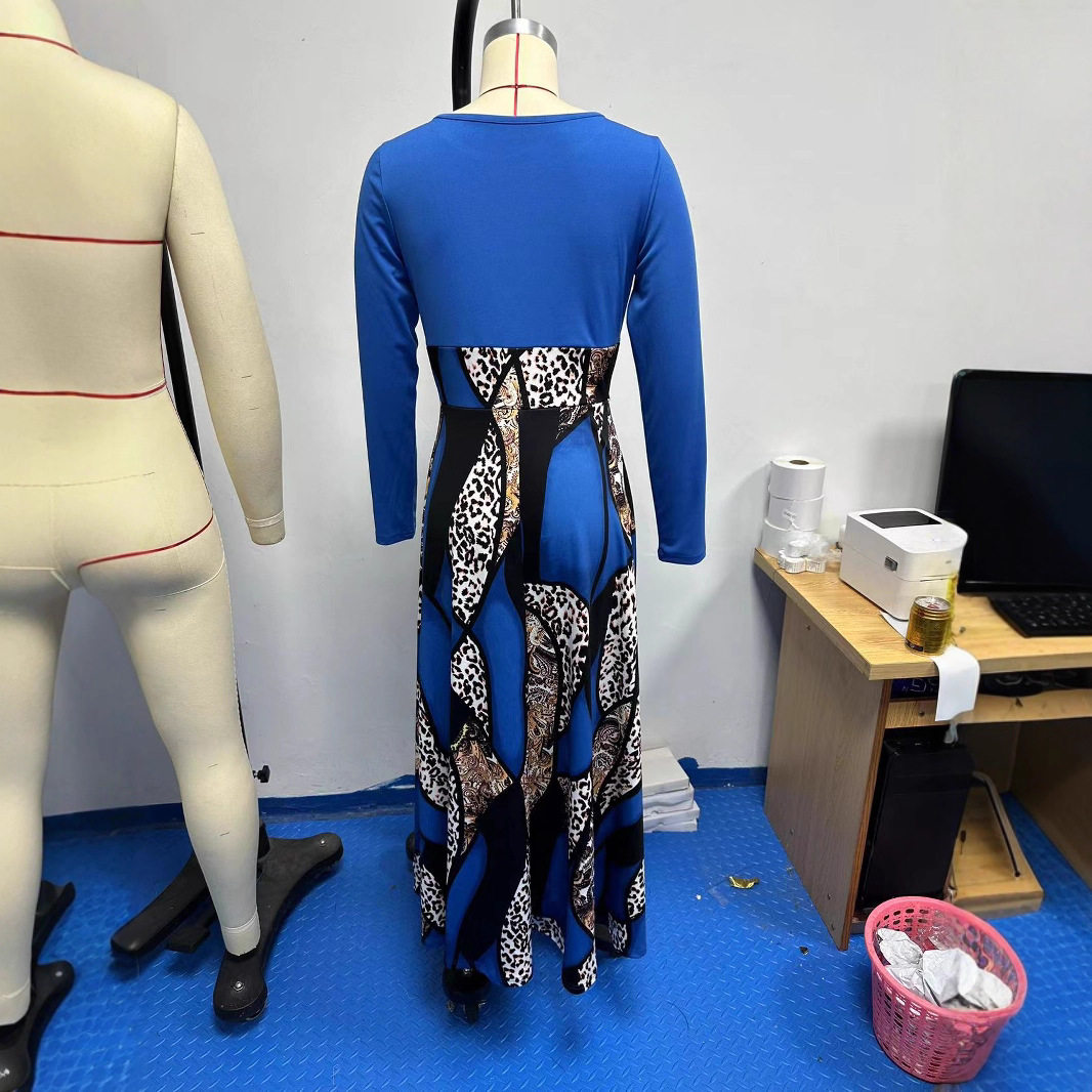 Casual Long Sleeve Maxi Dress 200g Fabric Floral Print Round Neck Perfect for Spring and Summer Wholesale Available