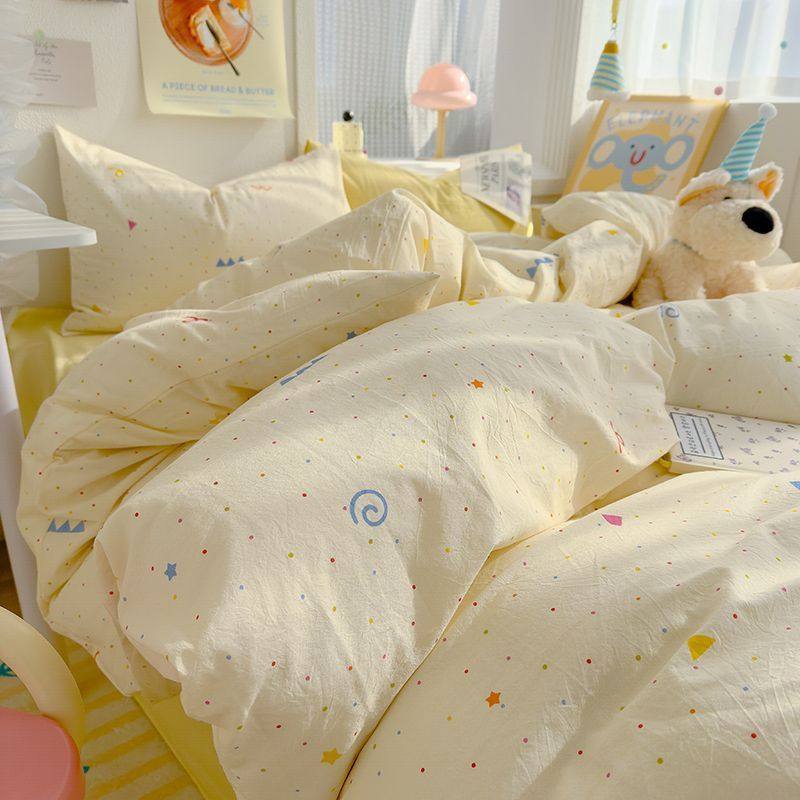 Class a Cartoon Washed Cotton Super Soft Bed Four-Piece Set Ins Cute Student Dormitory Three-Piece Set Bed Bed Sheets Quilt Cover Bed Bed Sheets