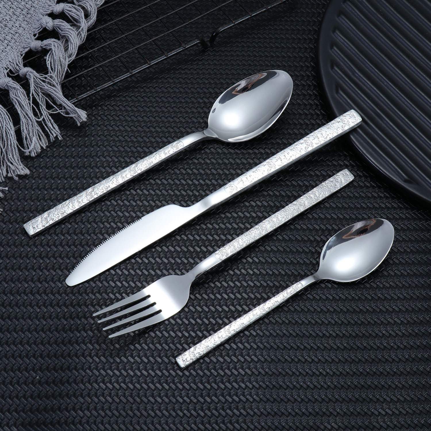Cross-border Stainless Steel Western-style Tableware suit Vintage Thick Stone Rock Pattern Embossed Light Spoon Combination Knife and Fork Spoon