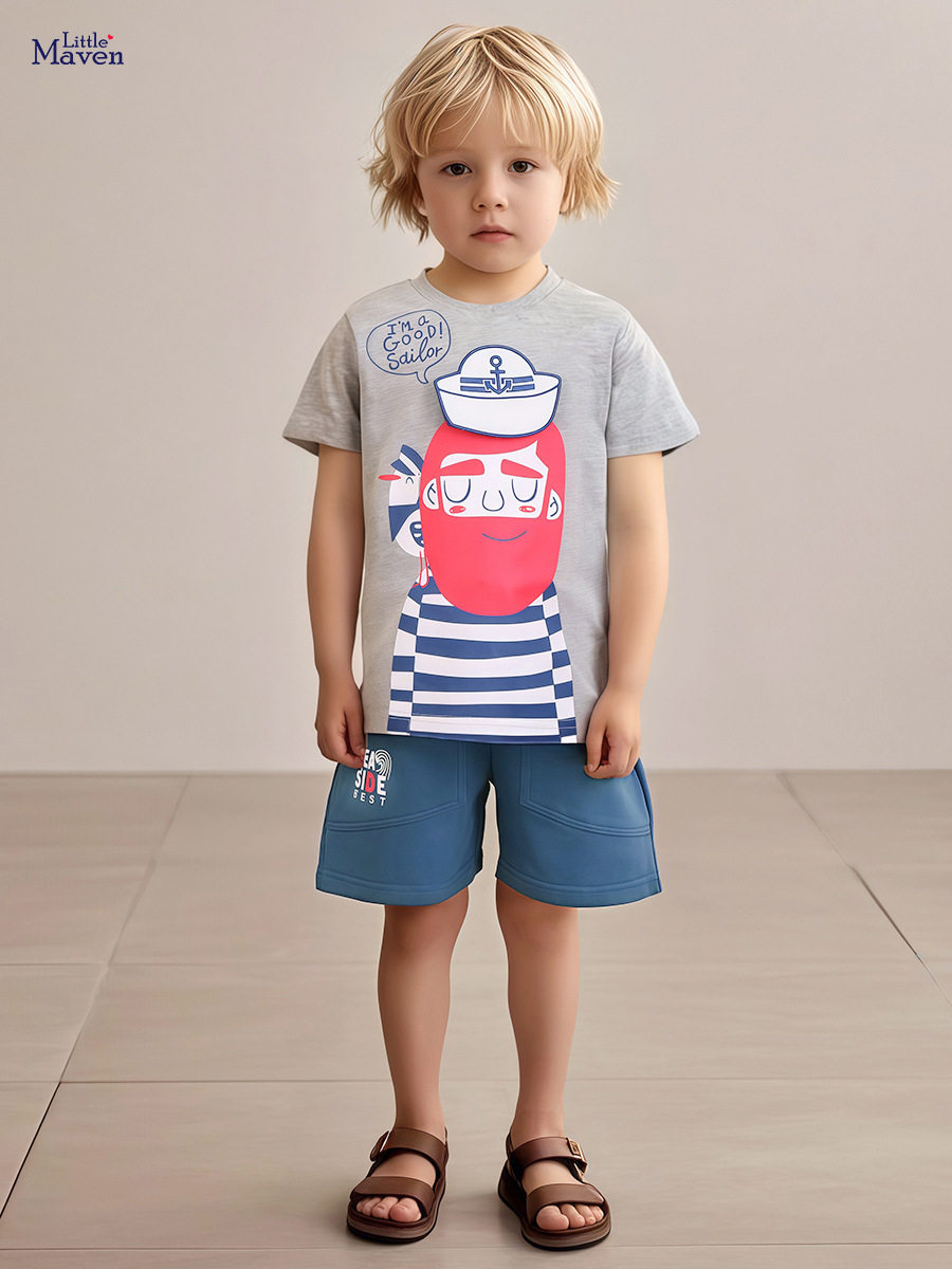 Boys' New Summer Short-Sleeve Printed Set Direct from Source Factory, Cartoon Outfit