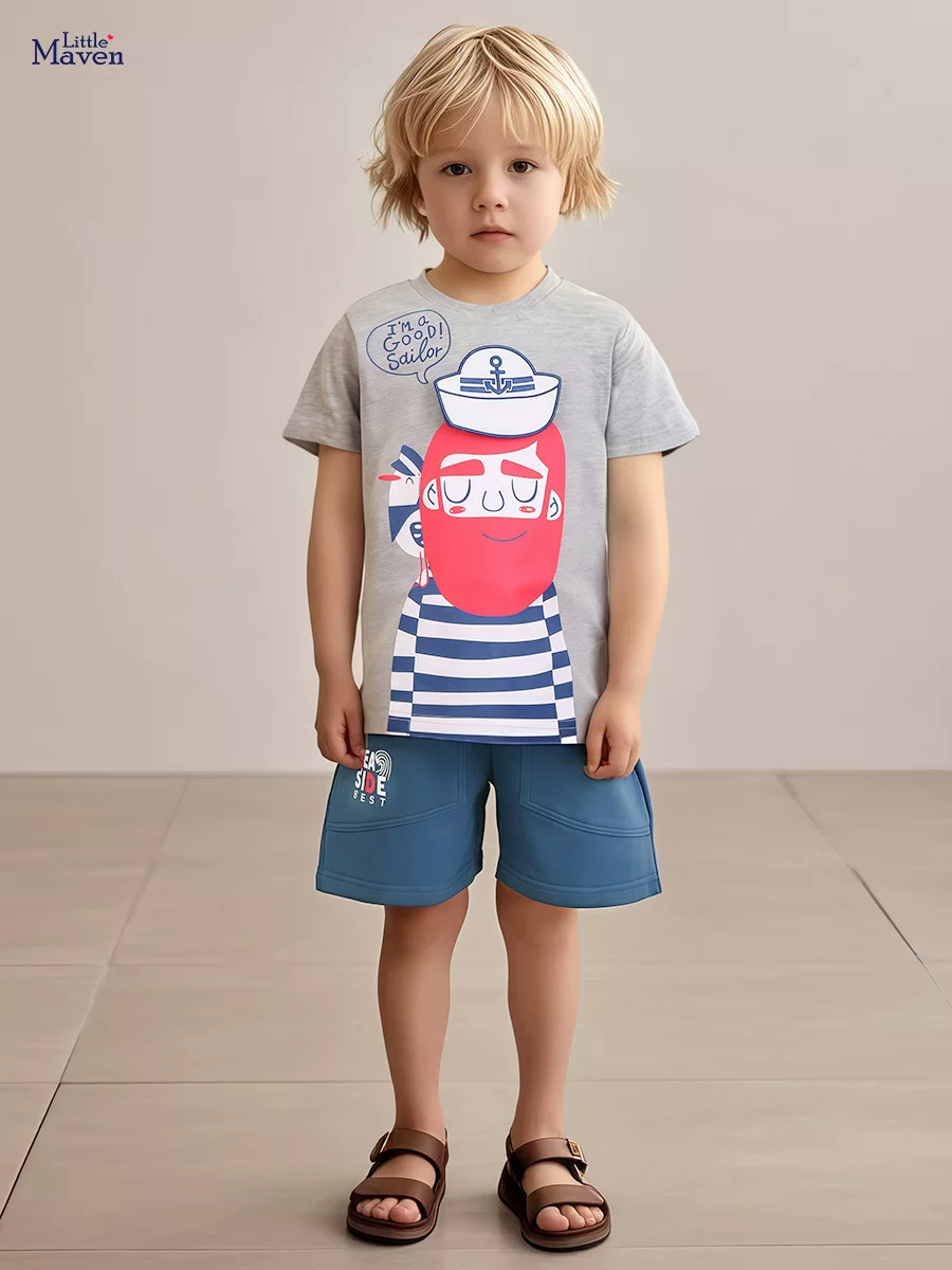 Boys' New Summer Short-Sleeve Printed Set Direct from Source Factory, Cartoon Outfit