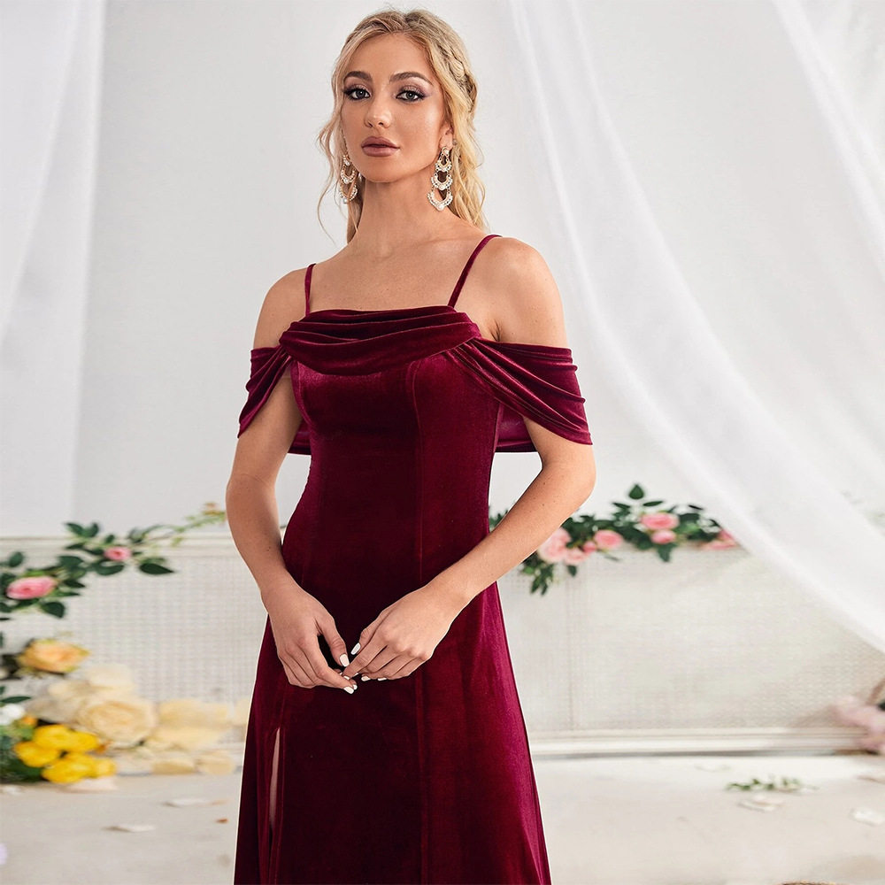 Velvet Long Dress Off Shoulder High Slit Elegant Versatile Evening Wear for Women Wholesale Available