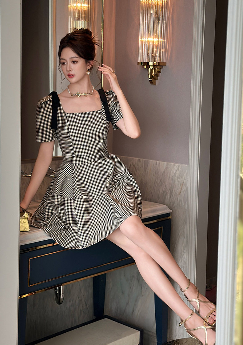 Đầm suông nữ ô vuông retro phong cách Hàn tay bồng — [Xám ô vuông] chi tiết 10
