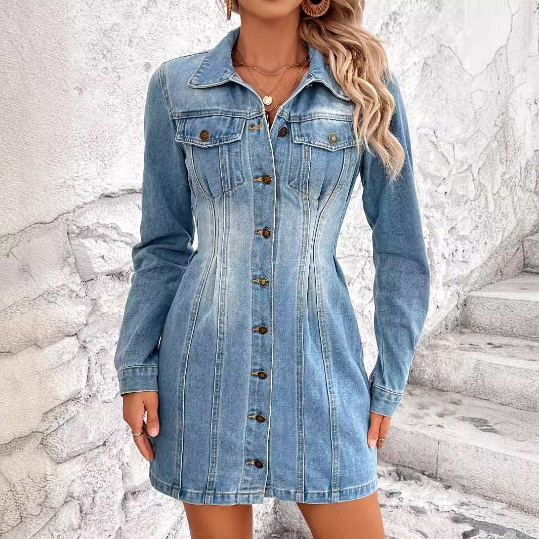 Vintage Slim Fit Long Sleeve Denim Dress Waist Defining Elegant Style Perfect for Casual Outings Ready to Ship