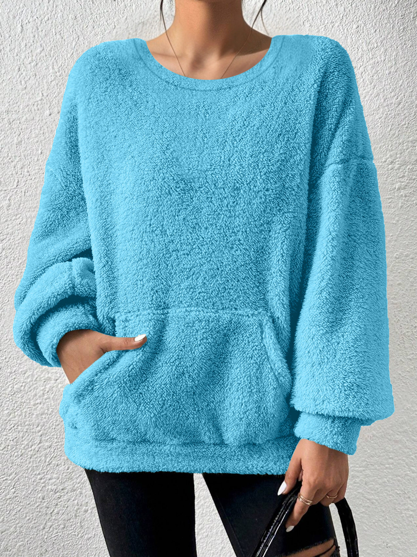 Casual Sweatshirt Solid Color Round Neck Long Sleeve Pocket Design Autumn Winter Fashion Wholesale Available