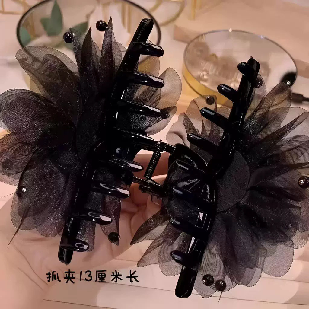 牡丹花羽毛抓夹女高颜值轻奢时尚鲨鱼夹百搭复古通勤流苏花朵夹子