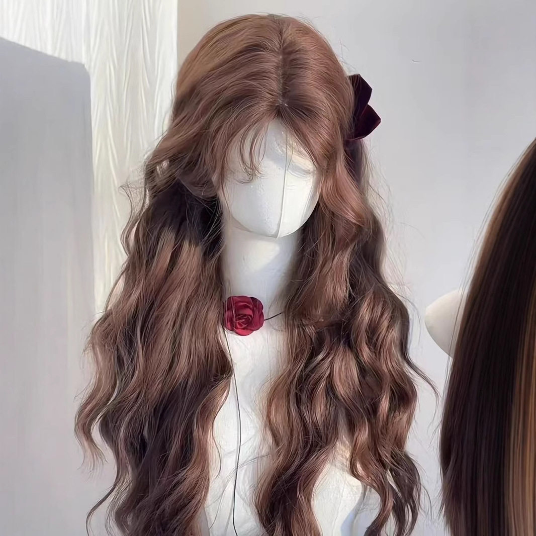 [Caramel Chestnut] Wig Women's Autumn and Winter New Chestnut Brown Wool Roll Lazy Elegant Long Curly Hair Full Headgear