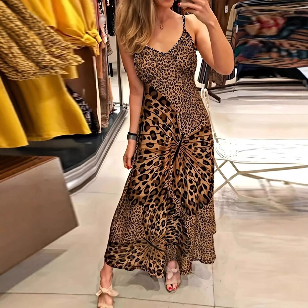 Womens Leopard Print Butterfly Floral Maxi Dress Sleeveless Lightweight Trendy Design Perfect for Summer Events