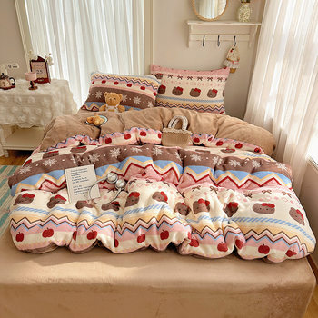 New Type a Ins Girl Cartoon Cute Thickeneded Milk Velvet Four-Piece Bed Bed Sheets Quilt Cover Student Dormitory Three-Piece Set