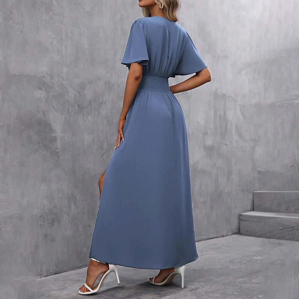 Elegant Deep V Neck Long Dress Side Slits Ruched Waist Flowy Fabric Spring Summer Occasion Wholesale Available