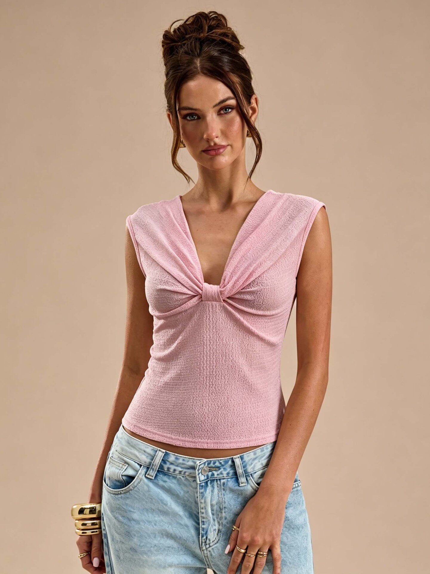 Womens Summer Sleeveless V Neck Twist Top Textured Slim Fit Elegant Style Perfect for Casual or Dressy Occasions