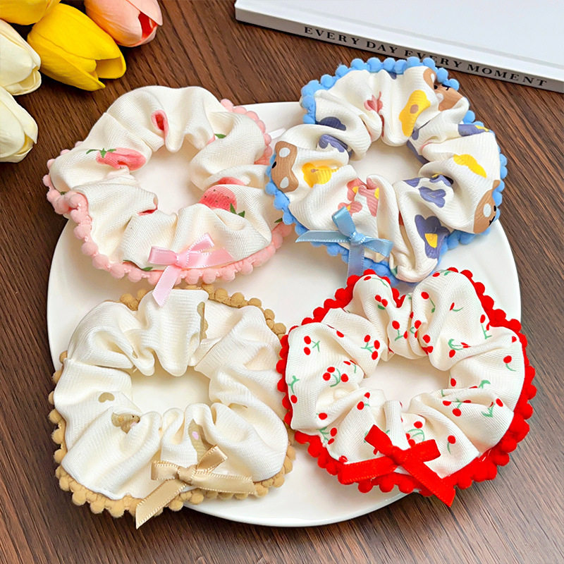Spring and Summer Sweet Floral Bow Large Intestine Hair Ring Headdress Cute Cherry Hair Rope Girl Ball Hair Accessories for Women