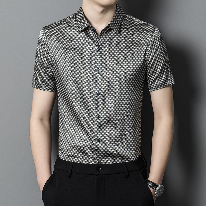 Áo Sơ Mi Nam Chất Liệu Lụa Tơ Tằm Ngắn Tay Họa Tiết Hoa Kín Cổ Hàng Mùa Hè Trung Niên