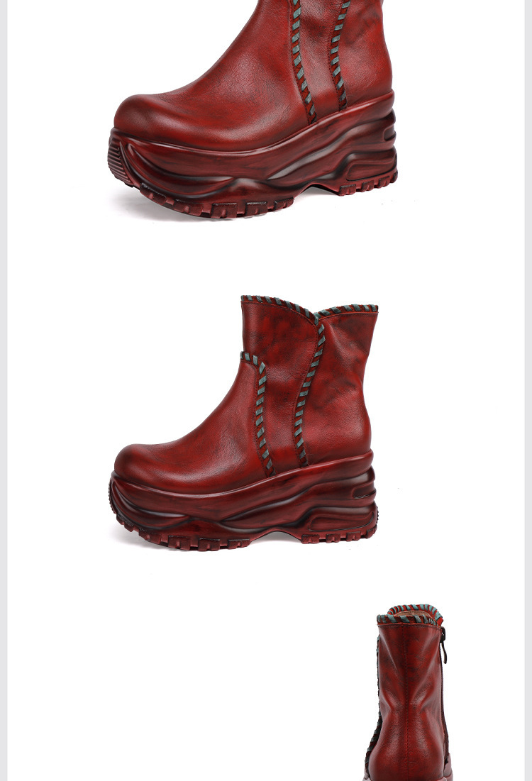 Boot nữ cổ thấp da bò thật đế dày phối màu phong cách cổ điển — màu xám, Rượu vang đỏ