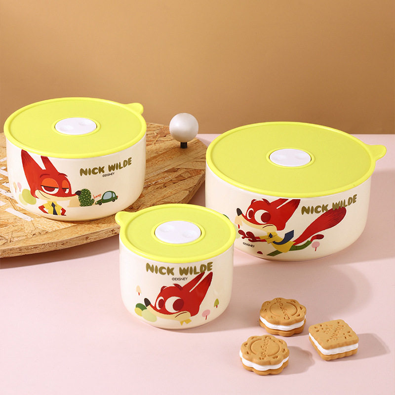 Disney Chaole Ceramic Fresh-keeping Bowl with Lid Fresh-keeping Box Three-piece Set Cartoon Hand Accompanying Gift suit Tableware Color Glaze