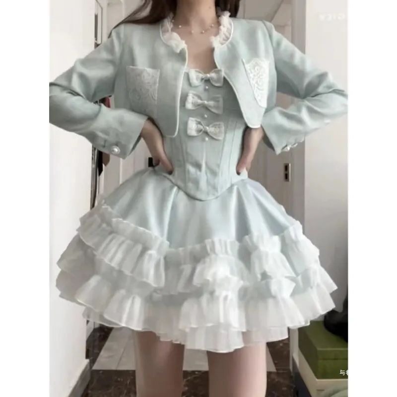 Princess Dress Suit Autumn and Winter New Style Short Jacket + High Waist Bow Tutu Skirt Two-Piece Set