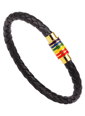 彩虹元素编织皮手链黑色皮质彩色珐琅金属件潮流饰品适配多元风格