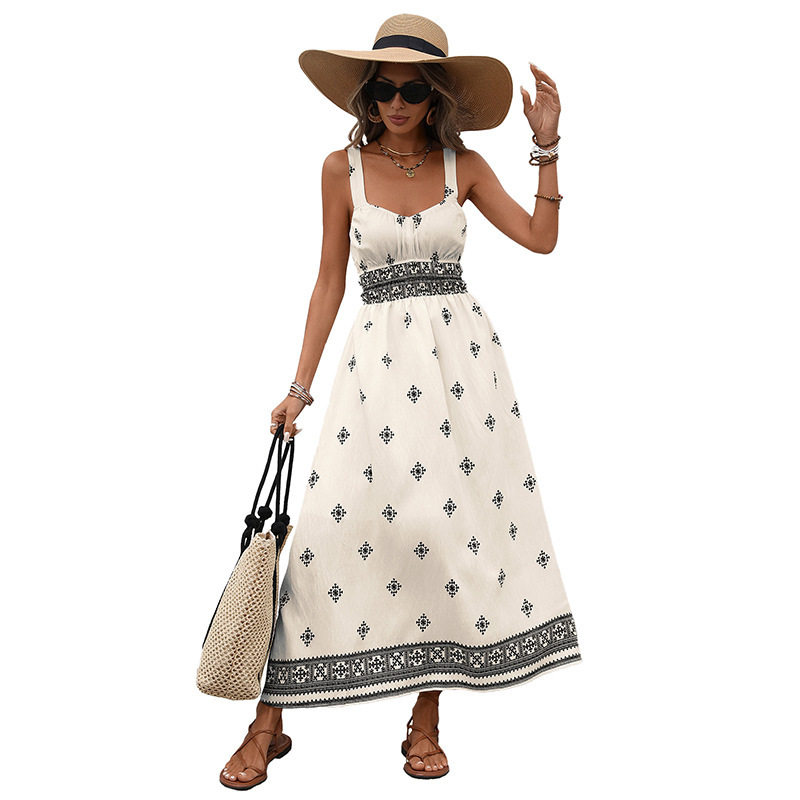 Geometric Print Backless Maxi Dress Vintage Ethnic Style Perfect for Summer Vacations Wholesale Available