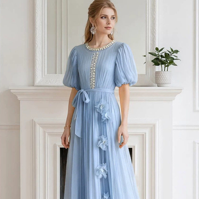 French Style Red Embellished Dress Summer Slim Fit Elegant Long Length Perfect for Formal Occasions Wholesale
