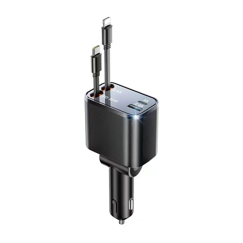 Cross-border new car charger 120W super fast charging telescopic line four-in-one cigarette lighter car charger factory outlet